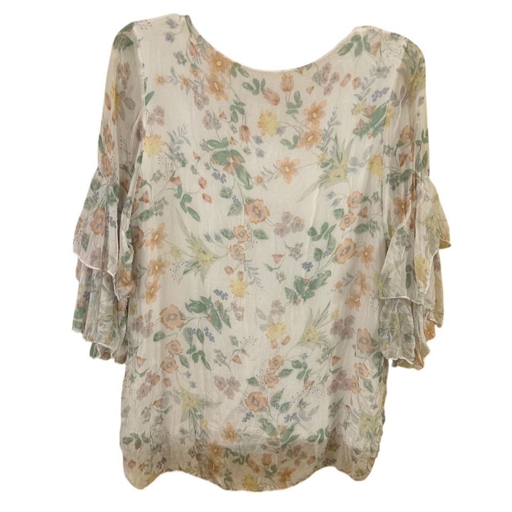 Giusy Ethereal Cottagecore Flared Sleeve Colorful Floral Silk Tunic Top Medium
